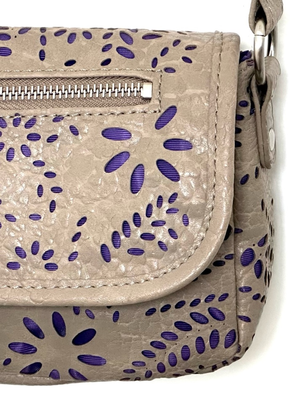Kensie Girl Taupe Laser-Cut Mini Crossbody Bag with Purple Accent - Picture 5 of 13